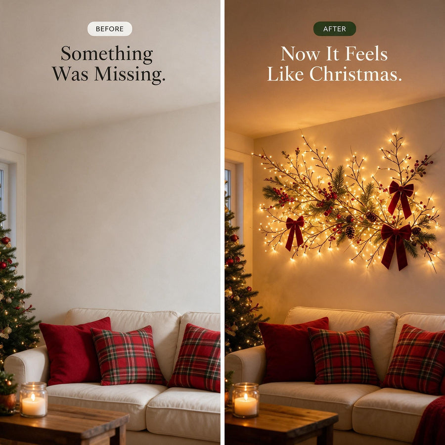 Living room wall before and after the Lumora wall light