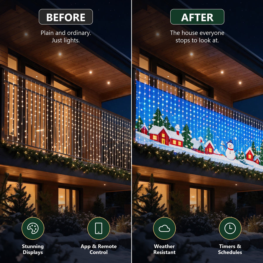 Balcony before and after the animated balcony lights