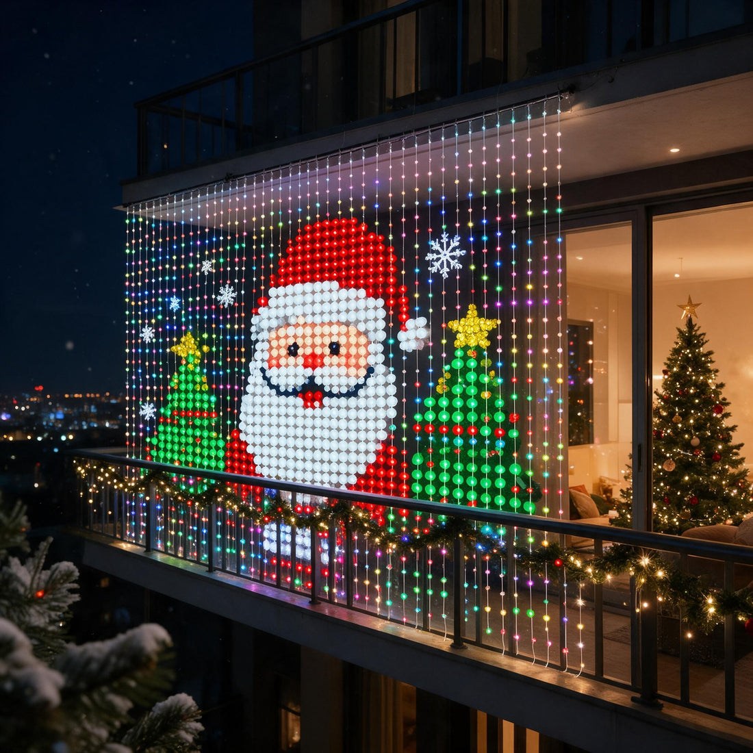 Giant Santa display across a balcony
