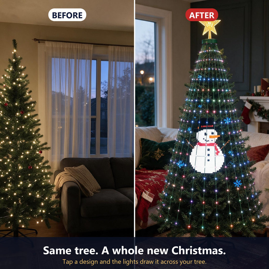 Christmas tree before and after Yulora lights
