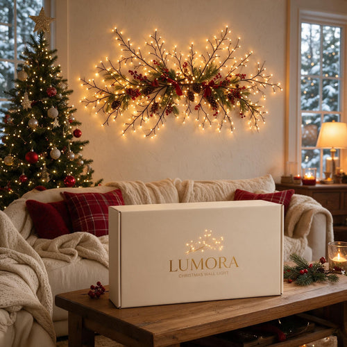 Lumora Christmas wall light glowing above a sofa