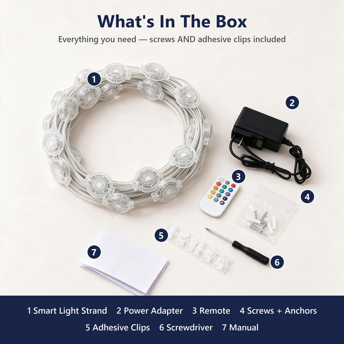 What's in the box: lights, adapter, remote, screws, adhesive clips, screwdriver, manual