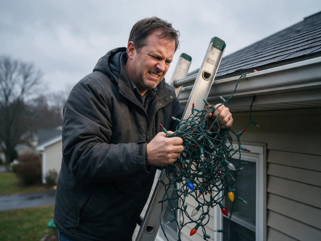 Hanging old Christmas lights on a ladder