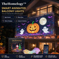 TheHomelogy Smart Animated Balcony Lights showing a Halloween jack-o'-lantern and ghosts, with box, controller, remote and app