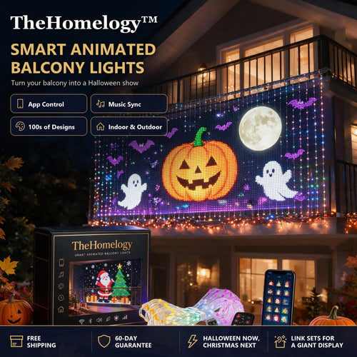 TheHomelogy Smart Animated Balcony Lights showing a Halloween jack-o'-lantern and ghosts, with box, controller, remote and app