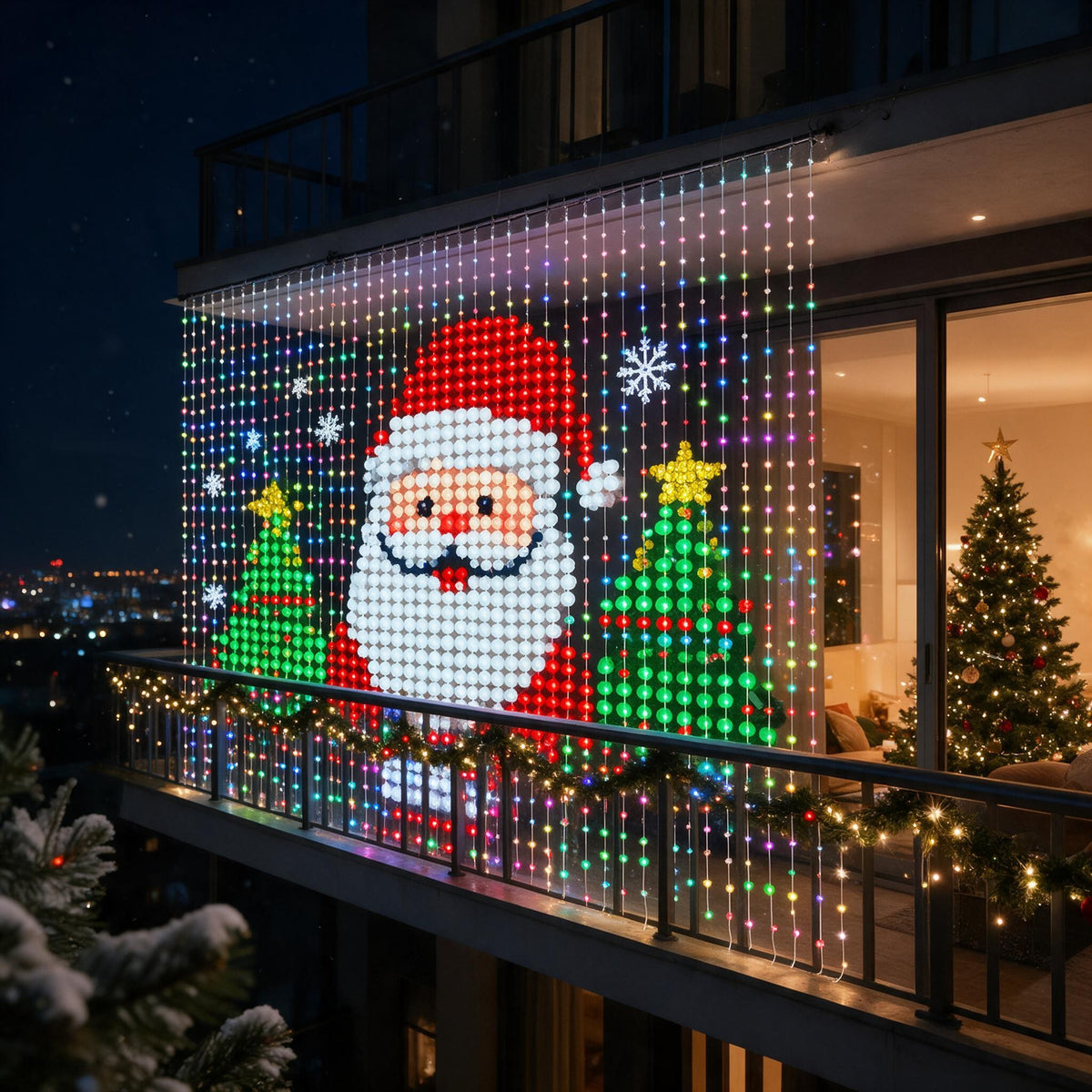 Giant Santa display across a balcony