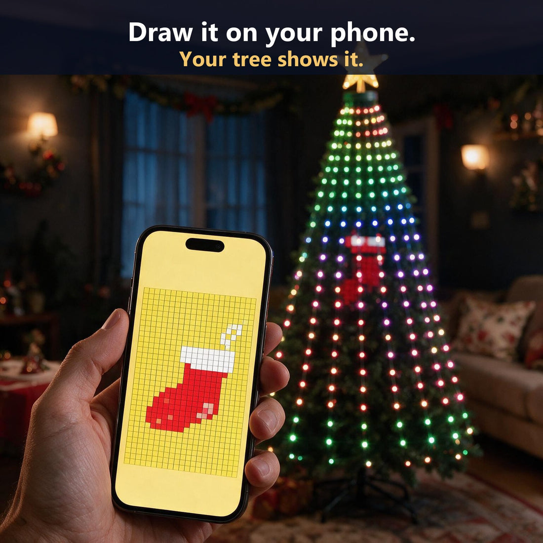 Drawing a stocking in the app and seeing it on the tree