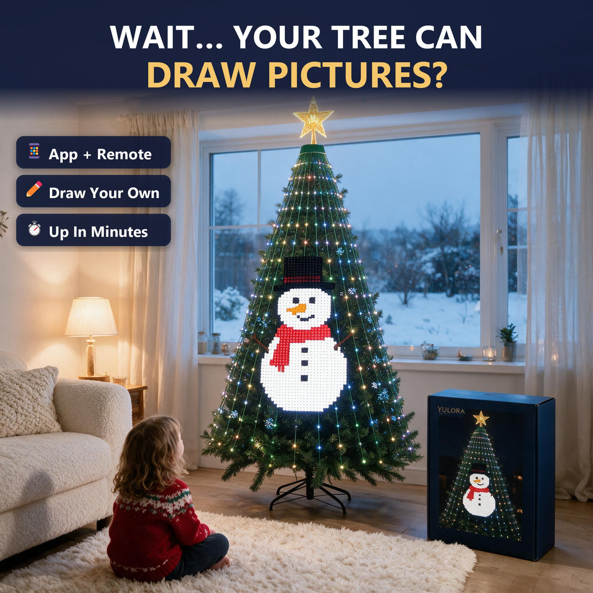 Yulora tree lights drawing a snowman picture on a Christmas tree